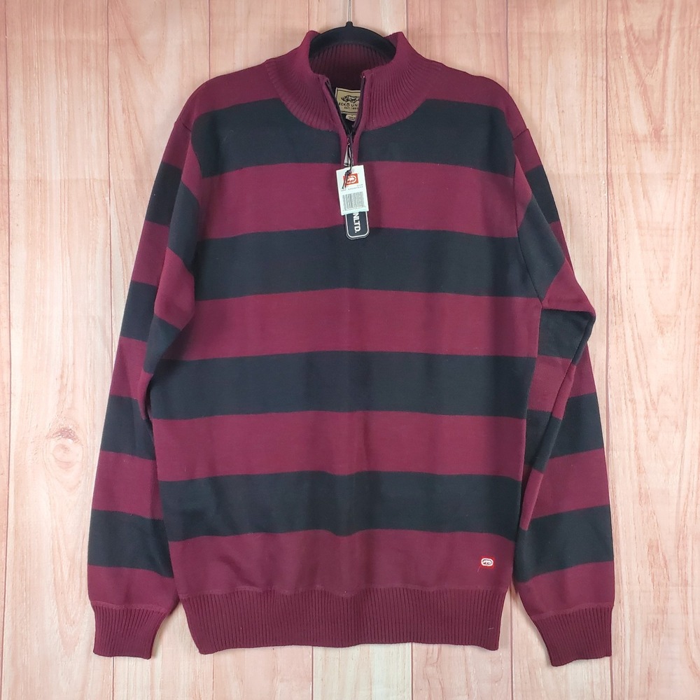 Ecko Unltd Sweater Mens Large Maroon Black Striped Tight Knit‎ Quarter Zip